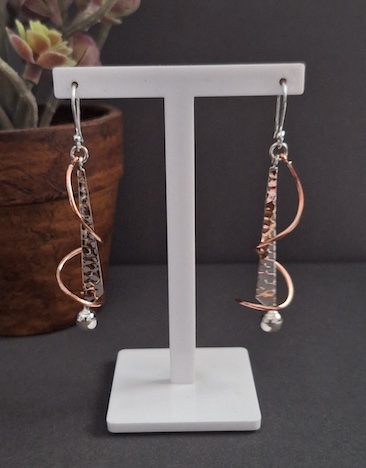 Hammered Long Drop Earring with Copper Swirl