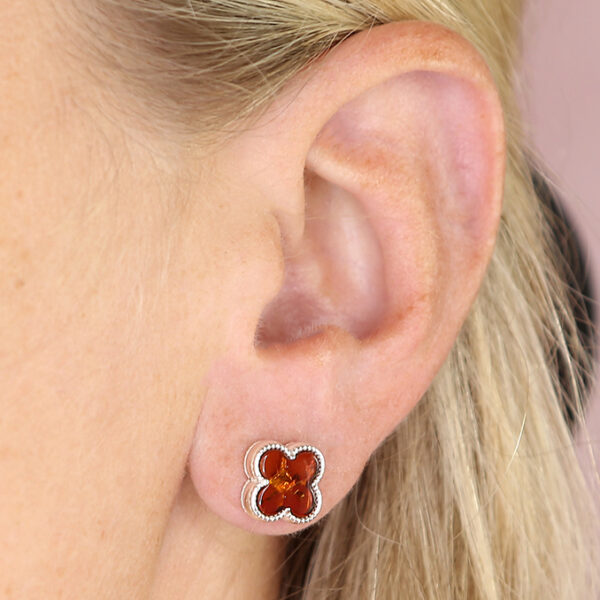 Sterling Silver Amber Quatrefoil Stud Earrings